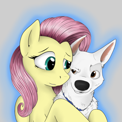 Size: 2048x2048 | Tagged: safe, artist:yakovlev-vad, derpibooru import, fluttershy, dog, pegasus, pony, bolt, crossover, cute, duo, hug