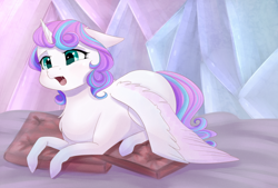 Size: 1024x694 | Tagged: safe, artist:chiweee, princess flurry heart, spoiler:s06, blushing, colored wings, cute, filly, flurrybetes, lying down, multicolored hair, multicolored wings, pillow, solo, yawn