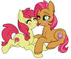 Size: 500x418 | Tagged: safe, artist:lulubell, derpibooru import, apple bloom, babs seed, earth pony, pony, appleseed, blushing, cousins, female, incest, lesbian, licking, lying down, prone, shipping, simple background, transparent background, unshorn fetlocks