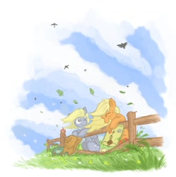 Size: 900x904 | Tagged: safe, artist:onkelscrut, applejack, derpy hooves, bird, earth pony, pegasus, pony, bag, duo, eyes closed, female, fence, happy, leaves, mail, mare, smiling, wind, windswept mane
