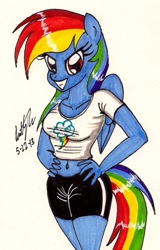 Size: 769x1198 | Tagged: safe, artist:newyorkx3, derpibooru import, rainbow dash, anthro, belly button, hand on hip, midriff, simple background, solo, traditional art