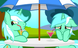 Size: 1099x679 | Tagged: safe, artist:veggie55, edit, guyra, lyra heartstrings, awkward, cropped, floppy ears, rule 63, table