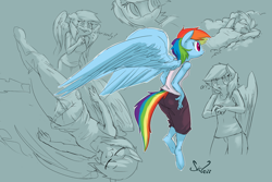 Size: 1280x857 | Tagged: safe, artist:siden, derpibooru import, rainbow dash, anthro, unguligrade anthro, armpits, sketch dump, solo