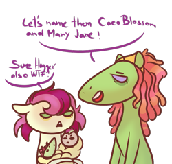 Size: 815x780 | Tagged: safe, artist:kiwigoat-art, roseluck, tree hugger, oc, oc:coco blossom, oc:mary jane (kiwigoat-art), earth pony, pegasus, pony, baby, baby pony, crack ship offspring, crack shipping, joke, magical lesbian spawn, newborn, offspring, parent:roseluck, parent:tree hugger, shipping, simple background, solo, there's a joke in here somewhere, transparent background