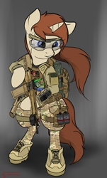 Size: 2400x3974 | Tagged: safe, artist:orang111, oc, oc only, oc:scalpel, pony, unicorn, armor, armpad computer, assault rifle, bipedal, camouflage, clothes, geissele automatics, goggles, grenade, gun, hologram, hud, hxd-1, korean, m72, military, military uniform, operator, pda, picatinny rail, rifle, soldier, tacticool, uniform, weapon