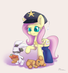 Size: 1450x1550 | Tagged: safe, artist:alasou, derpibooru import, angel bunny, fluttershy, pegasus, pony, badge, bag, carrot, clothes, costume, hat, mask, police, police pony, socks, teddy bear