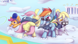 Size: 1920x1080 | Tagged: safe, artist:alasou, derpibooru import, derpy hooves, fluttershy, rainbow dash, scootaloo, pegasus, pony, binoculars, clothes, cloud, cloudsdale, cloudy, female, mare, police, ponytail, sunglasses, uniform, wallpaper, whistle