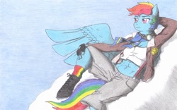 Size: 1086x677 | Tagged: safe, artist:sirartemisderpington, derpibooru import, rainbow dash, anthro, unguligrade anthro, abs, arm behind head, clothes, fingerless gloves, gloves, scarf, solo, traditional art