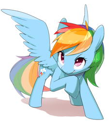 Size: 1280x1388 | Tagged: safe, artist:30clock, rainbow dash, pegasus, pony, cute, dashabetes, female, grin, mare, raised hoof, simple background, smiling, smirk, solo, spread wings, white background