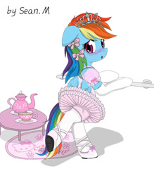 Size: 580x663 | Tagged: dead source, safe, artist:avchonline, rainbow dash, pegasus, pony, :o, ballerina, ballet, ballet slippers, bipedal, blushing, bow, canterlot royal ballet academy, clothes, crossover, embarrassed, floppy ears, food, frilly, hair bow, hello kitty, looking at you, looking back, rainbow dash always dresses in style, rainbowrina, ribbon, sanrio, sissy, solo, table, tea, teacup, teapot, tiara, tutu