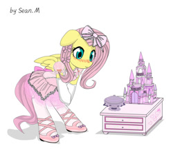 Size: 942x848 | Tagged: safe, artist:avchonline, fluttershy, pegasus, pony, semi-anthro, ballerina, ballet, ballet slippers, bipedal, blushing, bow, canterlot royal ballet academy, castle, clothes, crossover, cute, drawer, dress, dresser, floppy ears, hair bow, hello kitty, pink, ribbon, sanrio, shyabetes, smiling, solo, toy, tutu