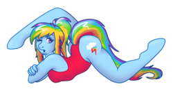 Size: 500x263 | Tagged: dead source, safe, artist:anzicorn, derpibooru import, rainbow dash, anthro, unguligrade anthro, active stretch, backbend, clothes, contortionist, flexible, leotard, one-piece swimsuit, simple background, solo, swimsuit, transparent background, wingless, wingless anthro