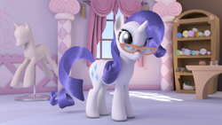 Size: 3840x2160 | Tagged: safe, artist:ig-64, rarity, pony, unicorn, 3d, carousel boutique, cg, cloth, cute, drapes, fabric, female, glasses, high res, interior, mannequin, mare, pincushion, pins, ponyquin, rarity's glasses, render, scroll, smiling, solo, spool, standing, thread, wallpaper, window