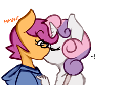 Size: 1280x851 | Tagged: safe, artist:somescrub, scootaloo, sweetie belle, anthro, ask nudist sweetie belle, female, glasses, kissing, lesbian, older, scootabelle, surprise kiss