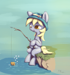 Size: 1200x1300 | Tagged: safe, artist:alasou, derpibooru import, derpy hooves, pegasus, pony, female, fishing, fishing rod, hat, mare, muffin, solo