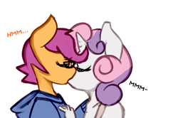 Size: 1280x850 | Tagged: safe, artist:somescrub, scootaloo, sweetie belle, anthro, ask nudist sweetie belle, female, glasses, kissing, lesbian, older, scootabelle