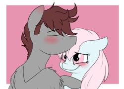 Size: 1280x916 | Tagged: safe, artist:estrill, oc, oc only, oc:nooby, oc:thundermane, blushing, female, kissing, male, straight