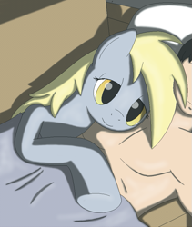 Size: 709x840 | Tagged: safe, artist:tg-0, derpy hooves, human, pony, artifact, bed, bedroom eyes, blanket, cuddling, female, hug, human on pony snuggling, male, on side, on top, smiling, snuggling, sofa, straight