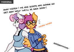 Size: 1280x907 | Tagged: safe, artist:somescrub, scootaloo, sweetie belle, anthro, ask nudist sweetie belle, glasses, older