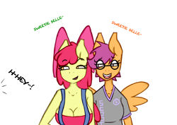 Size: 1280x907 | Tagged: safe, artist:somescrub, apple bloom, scootaloo, anthro, apple bloomed, ask nudist sweetie belle, barely legal, breasts, cleavage, glasses, older