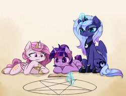 Size: 2190x1670 | Tagged: safe, artist:magnaluna, princess celestia, princess luna, twilight sparkle, alicorn, pony, 3:, book, cewestia, colored wings, colored wingtips, crown, filly, heart eyes, jewelry, levitation, magic, magic circle, pentagram, pink-mane celestia, prone, reading, regalia, s1 luna, sitting, smiling, telekinesis, this will end in tears, this will end in tears and/or death, this will not end well, wingding eyes, woona, worried, younger