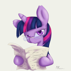 Size: 1300x1300 | Tagged: safe, artist:alasou, derpibooru import, twilight sparkle, glasses, newspaper, solo