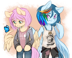 Size: 1000x801 | Tagged: safe, artist:lightning-stars, fluttershy, rainbow dash, pegasus, pony, semi-anthro, alternate hairstyle, arm hooves, chloe price, clothes, crossover, female, game, jacket, life is strange, maxine caulfield