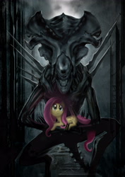Size: 3508x4961 | Tagged: safe, artist:vombavr, fluttershy, alien, pegasus, pony, absurd resolution, alien (franchise), crossover, holding a pony, smiling, xenomorph, xenomorph queen