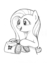 Size: 2112x2857 | Tagged: safe, artist:lalieri, part of a set, fluttershy, pegasus, pony, fanfic:why am i pinkie pie, 2016, black and white, grayscale, it's dangerous to go alone, monochrome, open mouth, saddle bag, solo, traditional art