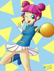 Size: 2448x3264 | Tagged: safe, artist:horsecat, majorette, equestria girls, background human, baton, boot, breasts, busty sweeten sour, cheerleader, clothes, cute, female, one eye closed, peace sign, pleated skirt, raised leg, sideboob, skirt, solo, suika sour, thighs, tongue out, wink