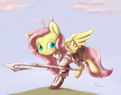 Size: 1650x1300 | Tagged: safe, artist:alasou, derpibooru import, fluttershy, pegasus, pony, armor, crossover, fire emblem, fire emblem: awakening, solo, spear, sumia