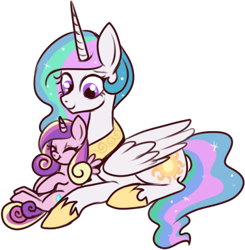 Size: 377x385 | Tagged: safe, artist:lulubell, derpibooru import, princess cadance, princess celestia, alicorn, pony, :t, auntlestia, cute, cutedance, eyes closed, female, filly, momlestia, on back, prone, simple background, smiling, transparent background, vector, younger