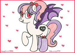 Size: 1024x731 | Tagged: safe, artist:annemarie1986, oc, oc only, oc:sweet velvet, bat pony, pony, bow, clothes, hair bow, heart, socks, solo, traditional art