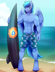 Size: 1600x2100 | Tagged: safe, artist:spazzykoneko, oc, oc only, oc:umami stale, anthro, abs, bare chest, beach, belly button, clothes, male, solo, surfboard, swimming trunks, swimsuit, topless