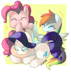 Size: 1728x1763 | Tagged: safe, artist:maren, derpibooru import, pinkie pie, rainbow dash, rarity, earth pony, pegasus, pony, unicorn, eyepatch, face doodle, hoofbump, laughing, prank, sleeping