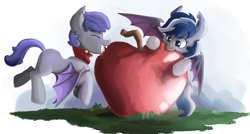 Size: 1600x857 | Tagged: safe, artist:saxopi, oc, oc only, oc:daturea eventide, oc:gladiolus, bat pony, pony, apple, cute, food, giant apple