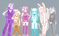 Size: 1280x791 | Tagged: safe, artist:siden, applejack, fluttershy, pinkie pie, rainbow dash, rarity, twilight sparkle, oc, oc:cottontail, oc:ink blot, oc:ivory, oc:prism wing, oc:sparkling cider, oc:stardust nova, anthro, earth pony, pony, alternate universe, chart, clothes, converse, height difference, mane six, monochrome, scrunchy face, shoes, sketch, ultimare universe