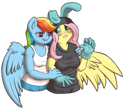 Size: 1164x1015 | Tagged: safe, artist:draneas, derpibooru import, fluttershy, rainbow dash, anthro, pegasus, blushing, bunny ears, clothes, dangerous mission outfit, female, flutterdash, hoodie, lesbian, shipping, simple background, transparent background