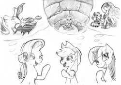 Size: 3533x2490 | Tagged: safe, artist:lalieri, part of a set, applejack, princess celestia, rarity, twilight sparkle, alicorn, earth pony, pony, unicorn, fanfic:why am i pinkie pie, 2016, black and white, female, grayscale, monochrome, monster, open mouth, thought bubble, traditional art