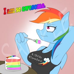 Size: 1000x1000 | Tagged: safe, artist:lil miss jay, derpibooru import, rainbow dash, anthro, armpits, breasts, cake, clothes, eating, female, fork, rainboob dash, solo, tanktop