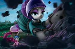 Size: 1280x835 | Tagged: safe, artist:sugarheartart, maud pie, pinkie pie, earth pony, pony, maud pie (episode), pickelhaube, pinkierainbowraritwiapplefluttermaudfuntime, rock, scene interpretation, watermark