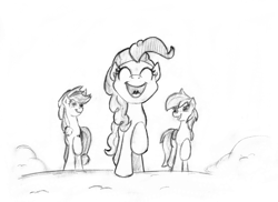 Size: 3163x2298 | Tagged: safe, artist:lalieri, part of a set, applejack, pinkie pie, rainbow dash, earth pony, pegasus, pony, fanfic:why am i pinkie pie, 2016, black and white, female, grayscale, monochrome, open mouth, traditional art