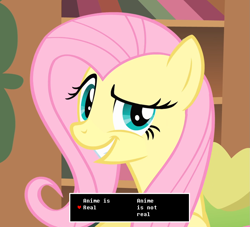 Size: 1191x1080 | Tagged: safe, screencap, fluttershy, pegasus, pony, always works, dreamworks face, otakushy, raised eyebrow, smiling, smug, undertale