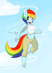 Size: 1280x1801 | Tagged: safe, artist:tesslashy, derpibooru import, rainbow dash, anthro, clothes, flying, panties, solo, thong, underwear