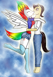 Size: 933x1338 | Tagged: safe, artist:odiz, derpibooru import, rainbow dash, oc, anthro, canon x oc, clothes, daisy dukes, female, kissing, male, socks, straight, super rainbow dash