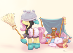 Size: 2050x1500 | Tagged: safe, artist:alasou, derpibooru import, fluttershy, pegasus, pony, broom, bunny ears, clothes, cute, dangerous mission outfit, female, fort, helmet, hoodie, mare, pillow, playing, roleplaying, socks, solo