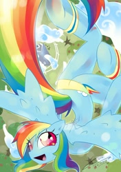 Size: 1000x1417 | Tagged: safe, artist:iopichio, derpibooru import, rainbow dash, anthro, cloud, flying, solo, vertigo