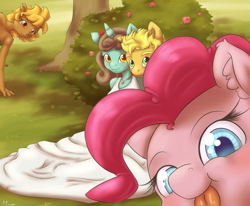 Size: 2000x1650 | Tagged: safe, artist:alasou, derpibooru import, pinkie pie, oc, oc:beach ball, anthro, atryl, photobomb