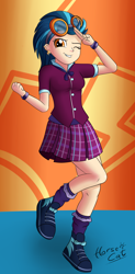 Size: 1600x3264 | Tagged: safe, artist:horsecat, indigo zap, equestria girls, .psd available, bowtie, bracelet, breasts, clothes, crystal prep academy uniform, ear piercing, earring, female, goggles, jewelry, multiple variants, one eye closed, piercing, school uniform, shoes, socks, solo, wink