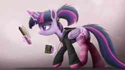 Size: 3000x1688 | Tagged: safe, artist:ncmares, twilight sparkle, twilight sparkle (alicorn), alicorn, pony, alternate hairstyle, ask majesty incarnate, bed mane, book, calculus, clothes, female, mare, math, socks, solo, stockings, striped socks, sweater